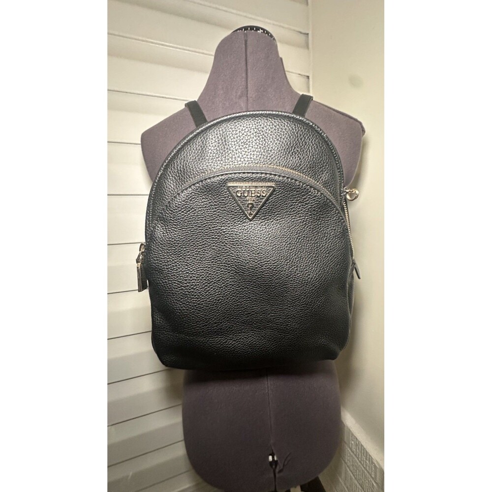 GUESS Black Mini Backpack Pebbled Faux Leather Triangle Logo Gold Hardware